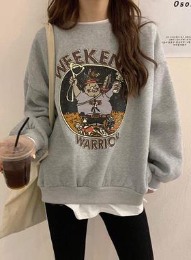 假两件加绒卫衣女2025秋冬新款宽松韩版卡通学生上衣女装一件代发