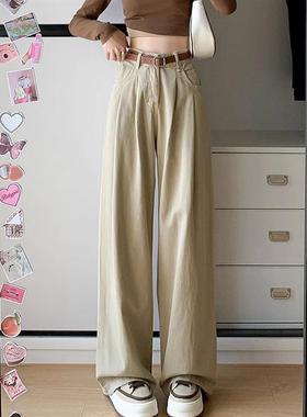 复古高腰阔腿裤牛仔裤女秋季新款宽松显瘦褶皱设计感直筒拖地裤子