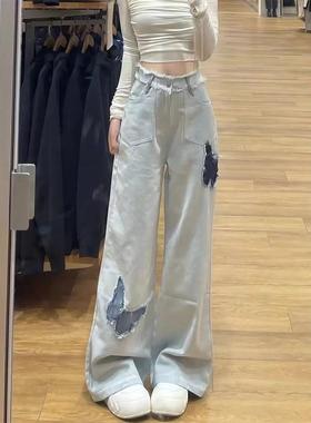 复古毛边蝴蝶直筒牛仔裤女秋季新款刺绣设计感高腰宽松显瘦阔腿裤