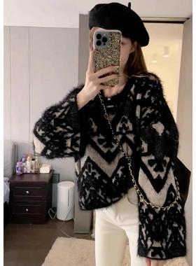 小香风水貂绒针织毛衣女秋冬季2025新款法式复古宽松显瘦长袖上衣