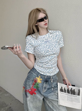 SOFITTE 25SS蓝色豹纹捏褶收腰百搭时尚夏季新款修身短袖T恤女