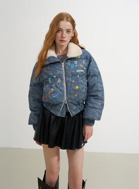 SOFITTE 25AW蓝色牛仔印花短款毛领棉服夹克百搭休闲通勤上衣外套