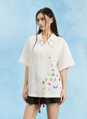 【周深 李维嘉 张铭恩同款】SOFITTE 白色印花宽松短袖衬衫男女款