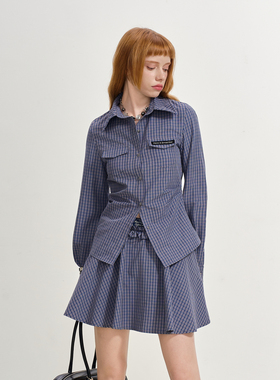 SOFITTE 25AW蓝色格纹衬衫女收腰设计感显瘦长袖复古通勤百搭