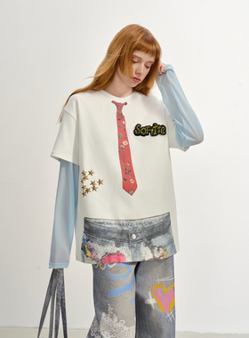 【大张伟 苏醒同款】SOFITTE 25AW假两件T恤领带牛仔裤印花长袖