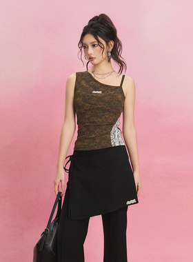 SOFITTE 25SS复古拼接蕾丝迷彩时尚印花不对称露肩吊带背心内搭女