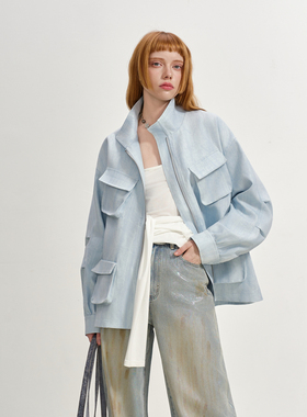 SOFITTE 25AW蓝色做旧印花工装多口袋夹克宽松休闲百搭外套男女款