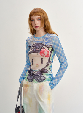 SOFITTE 25AW蓝色格纹打底衫女趣味印花拼接设计感长袖t恤上衣女