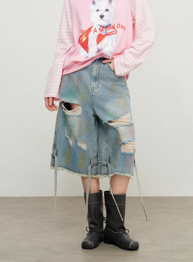 【汪苏泷 袁一琦 肖燕同款】SOFITTE 25SS破洞宽松七分牛仔裤男女