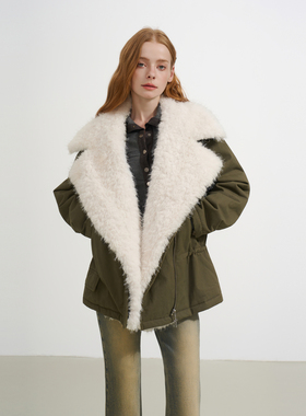 SOFITTE 25AW军绿色斜拉翻领可拆卸工装棉服外套宽松加厚保暖男女