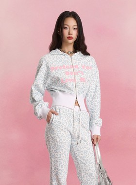 SOFITTE 25aw蓝色豹纹印花短款高腰螺纹拼接连帽拉链纯棉卫衣女