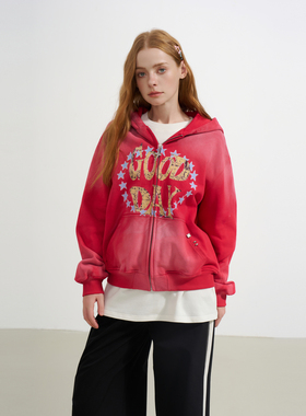 SOFITTE 25AW红色趣味印花喷色做旧开衫卫衣连帽外套上衣厚款男女