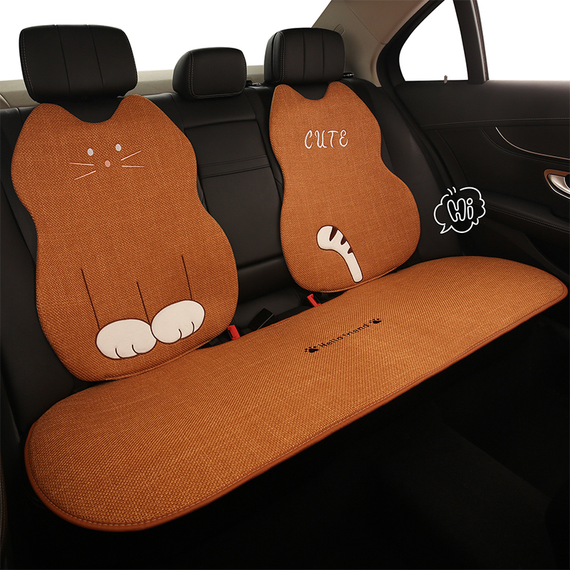 汽车坐垫四季通用新款座垫可爱卡通座套透气防滑亚麻小猫座垫女士