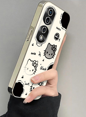 适用荣耀70手机壳华为HONOR70Pro保护套H0N0R70Pr0新款电镀银框全包防摔七十专用七零曲屏版可爱女生黑白kt猫