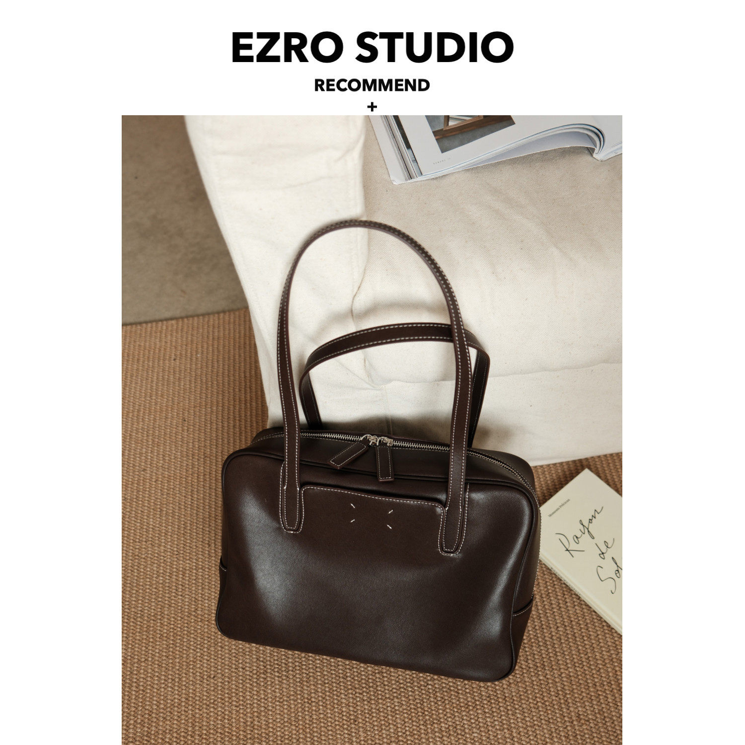 【EZRO】质感手工缝线真皮牛皮新款保龄球包大容量托特包单肩包,箱包皮具/热销女包/男包,小方包,淘宝优惠券,粉丝福利购,淘宝优惠卷