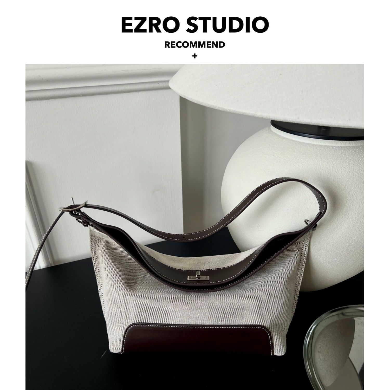 【EZRO】小众又高级新款拼色帆布真皮牛皮单肩腋下独特有型马鞍包,箱包皮具/热销女包/男包,马鞍包,淘宝优惠券,粉丝福利购,淘宝优惠卷