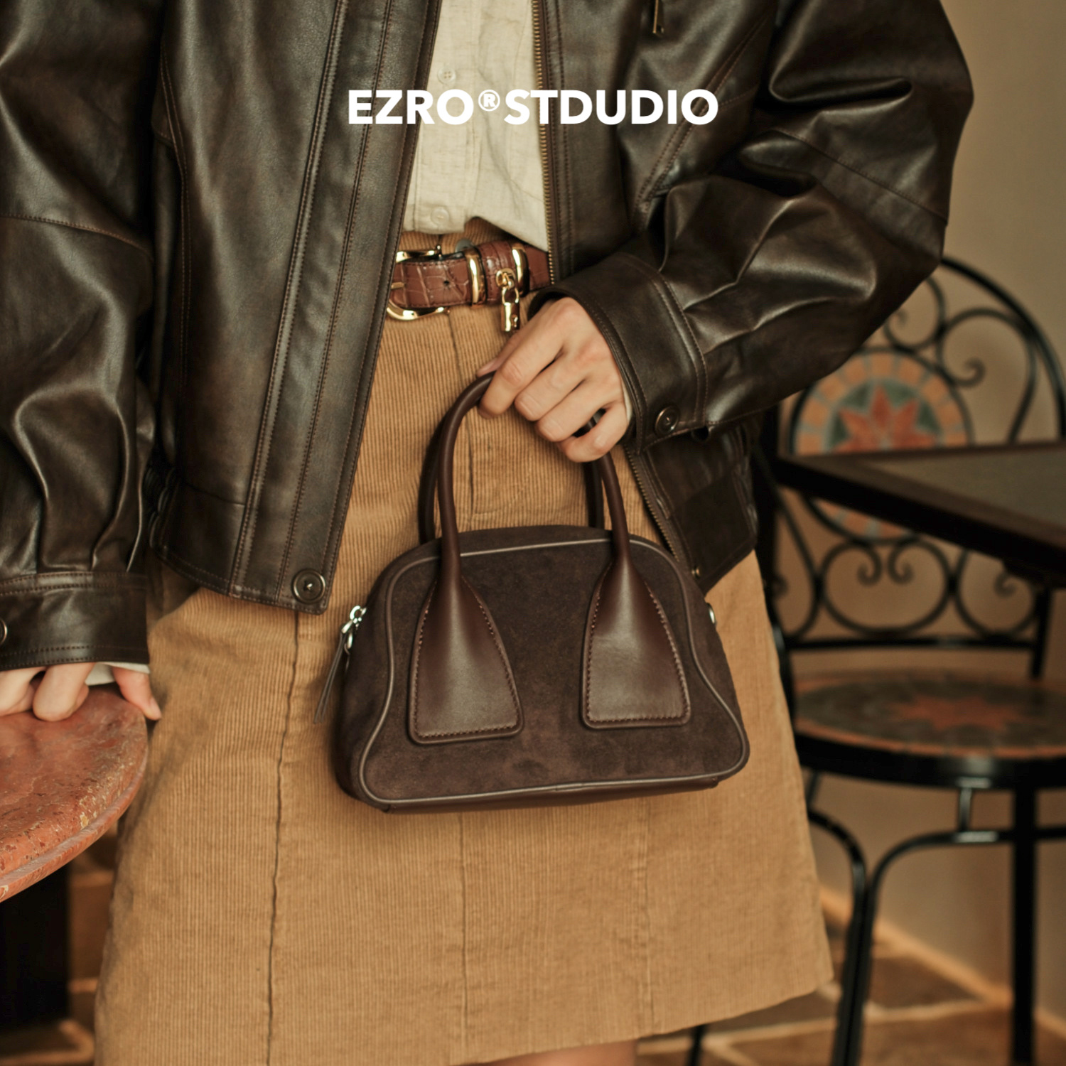 EZRO真皮磨砂麂皮手提斜挎马鞍包