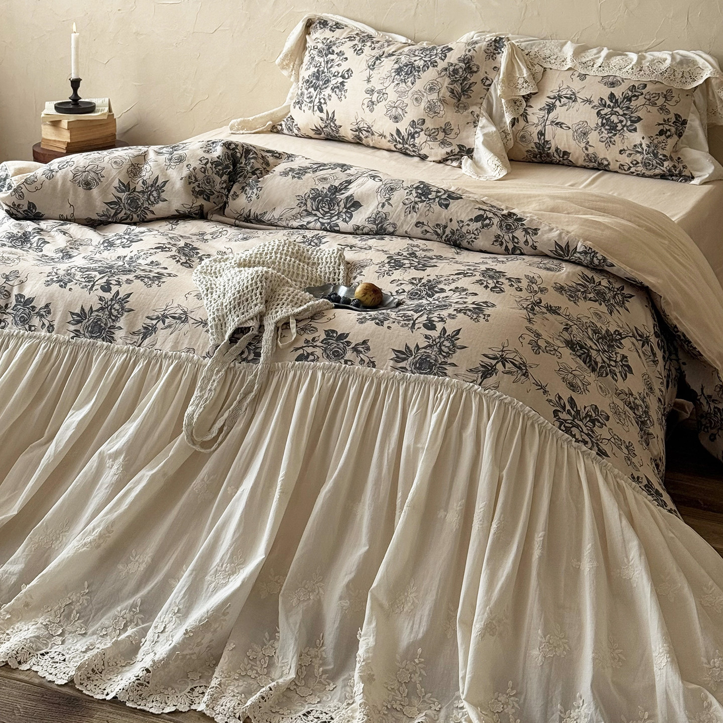 法式中古风印花全棉双层纱四件套纯棉蕾丝边被套浪漫高级柔软床单