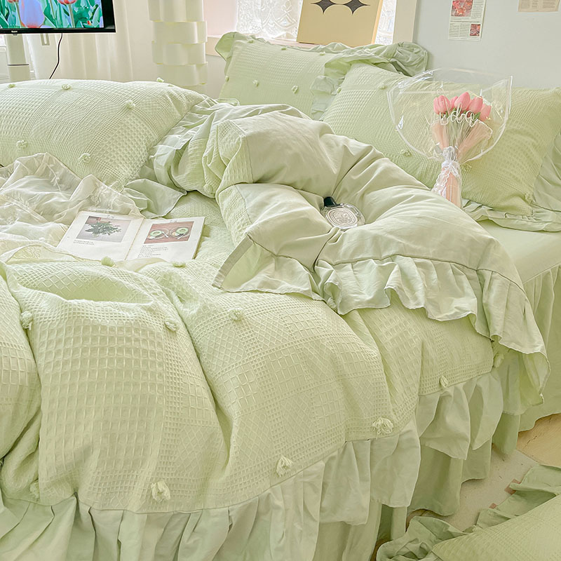 法式提花小清新全棉四件套荷叶边纯棉公主风被套绿色裸睡床单床裙