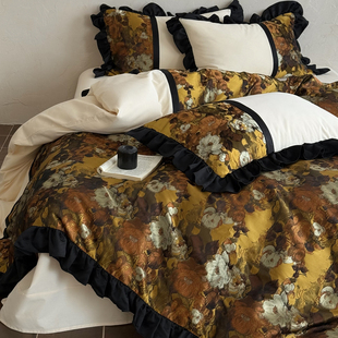 法式复古全棉磨毛四件套纯棉印花花边被套床单高级感小众加厚床品