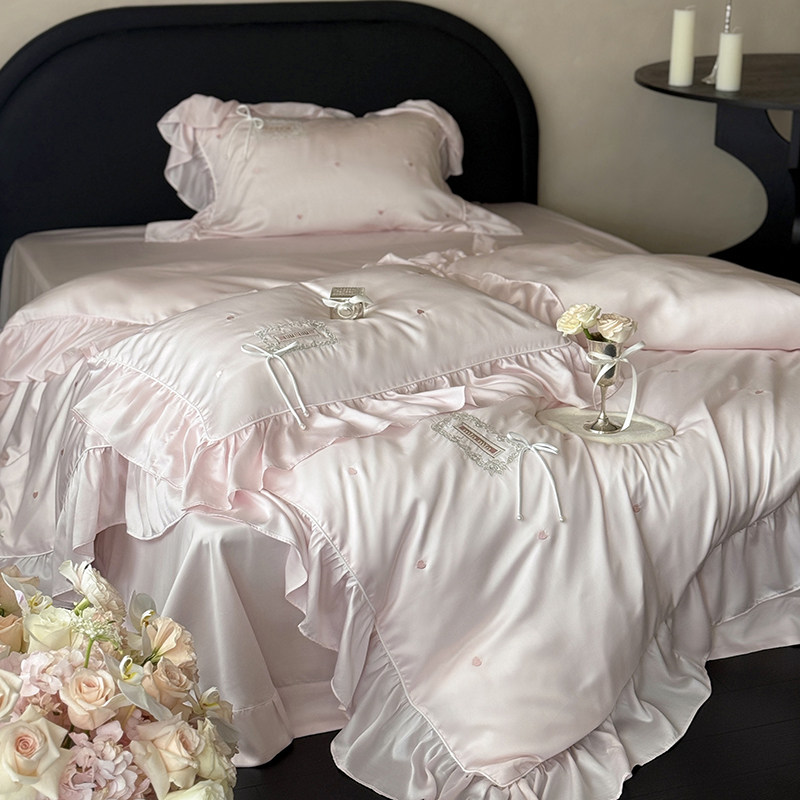 法式夏季少女心粉色天丝四件套凉感丝滑刺绣被套花边床单甜美床品