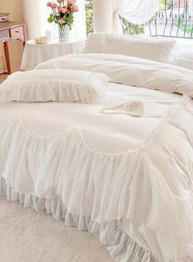 法式轻奢白色100全棉床上四件套公主风纯棉被套蕾丝高级床裙款ins