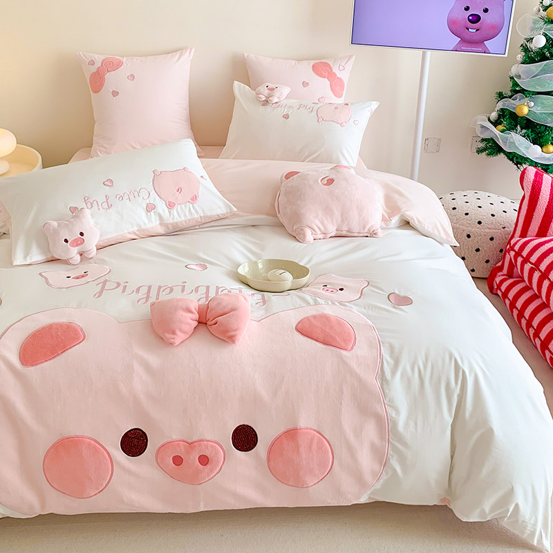 ins网红100全棉水洗棉卡通四件套纯棉刺绣被套可爱女孩公主风床单