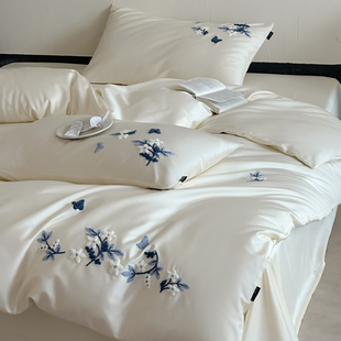 法式 小清新长绒棉花卉刺绣四件套全棉纯棉被套裸睡简约高级感床品