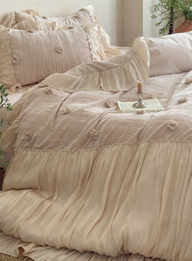 法式浪漫全棉长绒棉四件套立体提花公主风纯棉纱边被套高级感床单