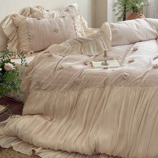 法式浪漫全棉长绒棉四件套立体提花公主风纯棉纱边被套高级感床单