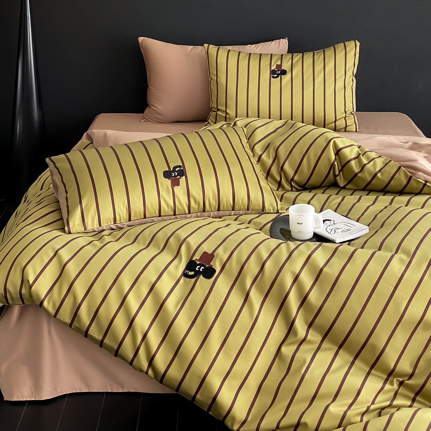 法式复古条纹全棉卡通被套四件套