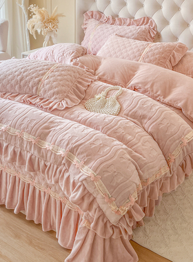 法式床盖款牛奶绒四件套公主风珊瑚绒双面绒蕾丝花边雕花被套冬季