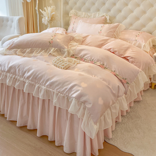 法式 公主风粉色贡缎提花全棉四件套刺绣蕾丝花边纯棉被套床裙床品