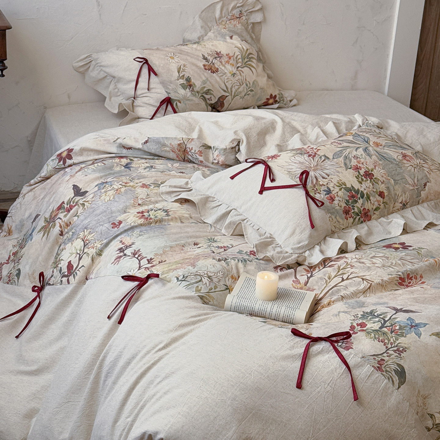 法式中古风棉麻四件套亚麻纯棉混纺田园印花被套蝴蝶结少女心床单