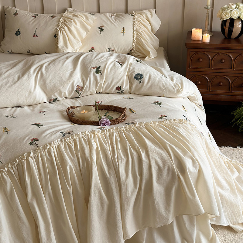 法式复古少女刺绣全棉水洗棉床上四件套纯棉小众设计浪漫床裙被套