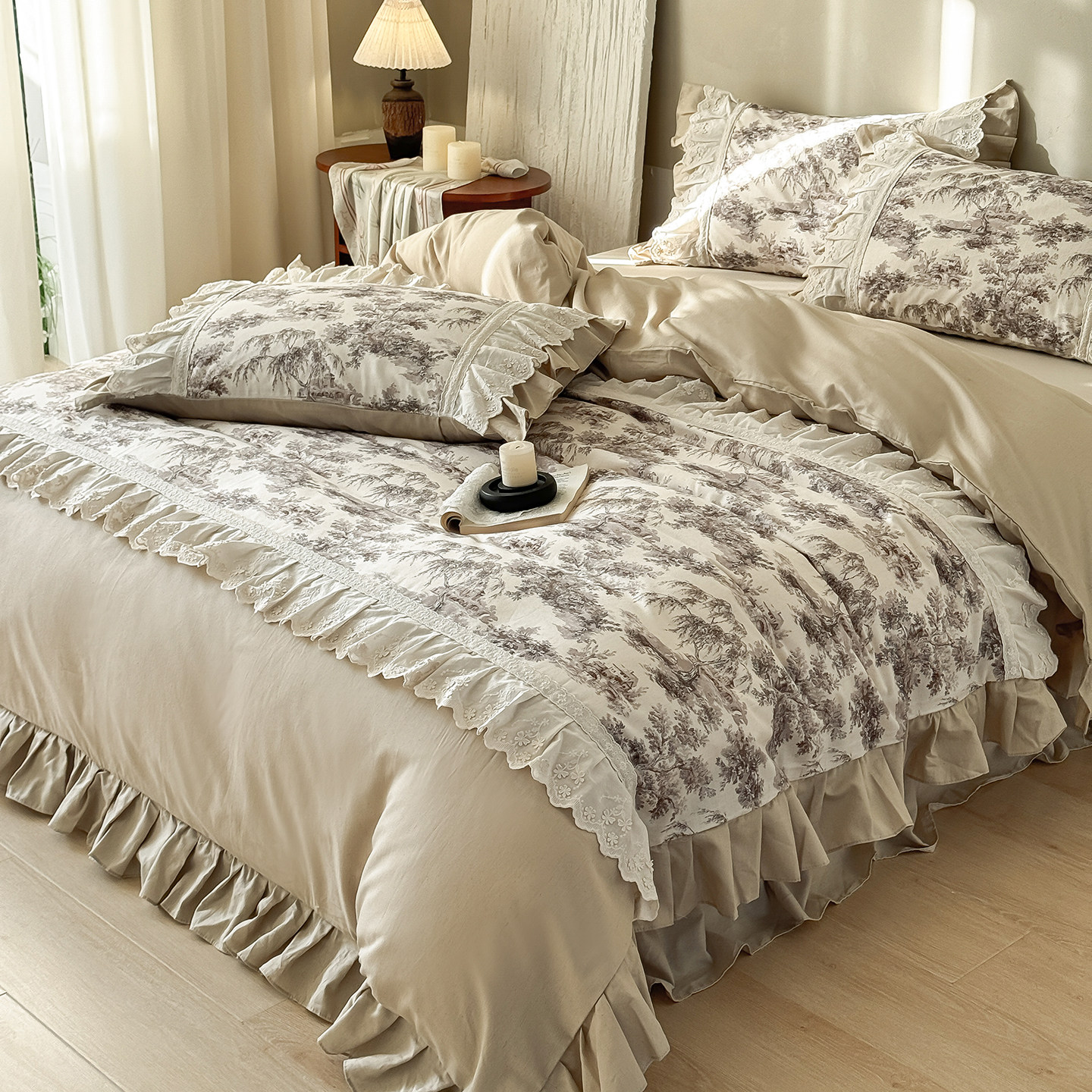 法式复古花卉棉麻四件套床裙款亚麻纯棉混纺蕾丝花边被套高级床品,床上用品,床品套件/四件套/多件套,淘宝优惠券,粉丝福利购,淘宝优惠卷