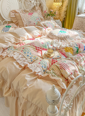法式公主风纯棉四件套100全棉荷叶花边印花被套少女心复古床裙款4