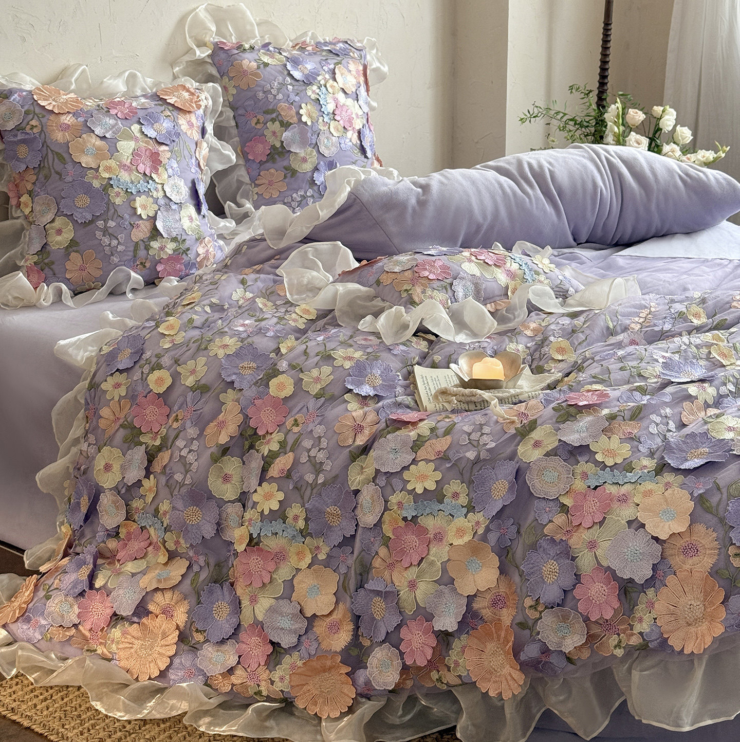 法式浪漫牛奶绒加厚保暖四件套立体花朵蕾丝花边被套冬季床单床品