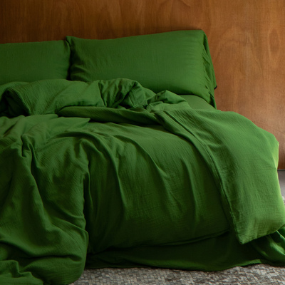 法式全棉色织双层纱纯色绿四件套