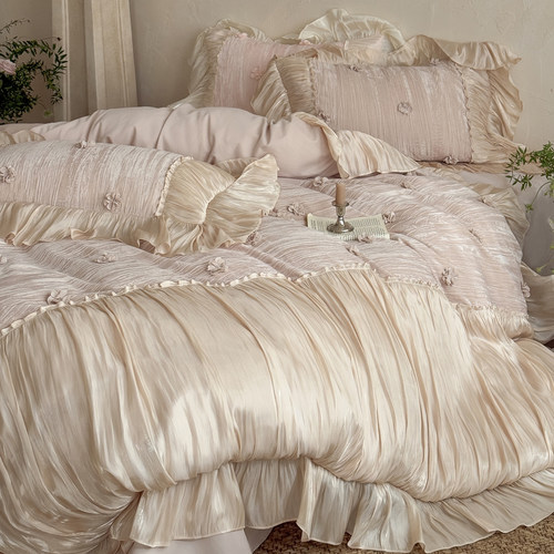 法式浪漫全棉磨毛长绒棉四件套立体朵公主风纯棉少女被套高级床单