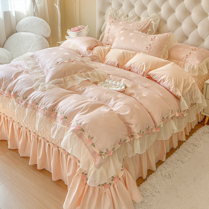 法式公主风贡缎提花床盖款全棉四件套纯棉高级感蕾丝花边少女被套