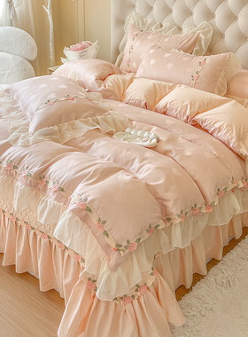 法式公主风贡缎提花床盖款全棉四件套纯棉高级感蕾丝花边少女被套