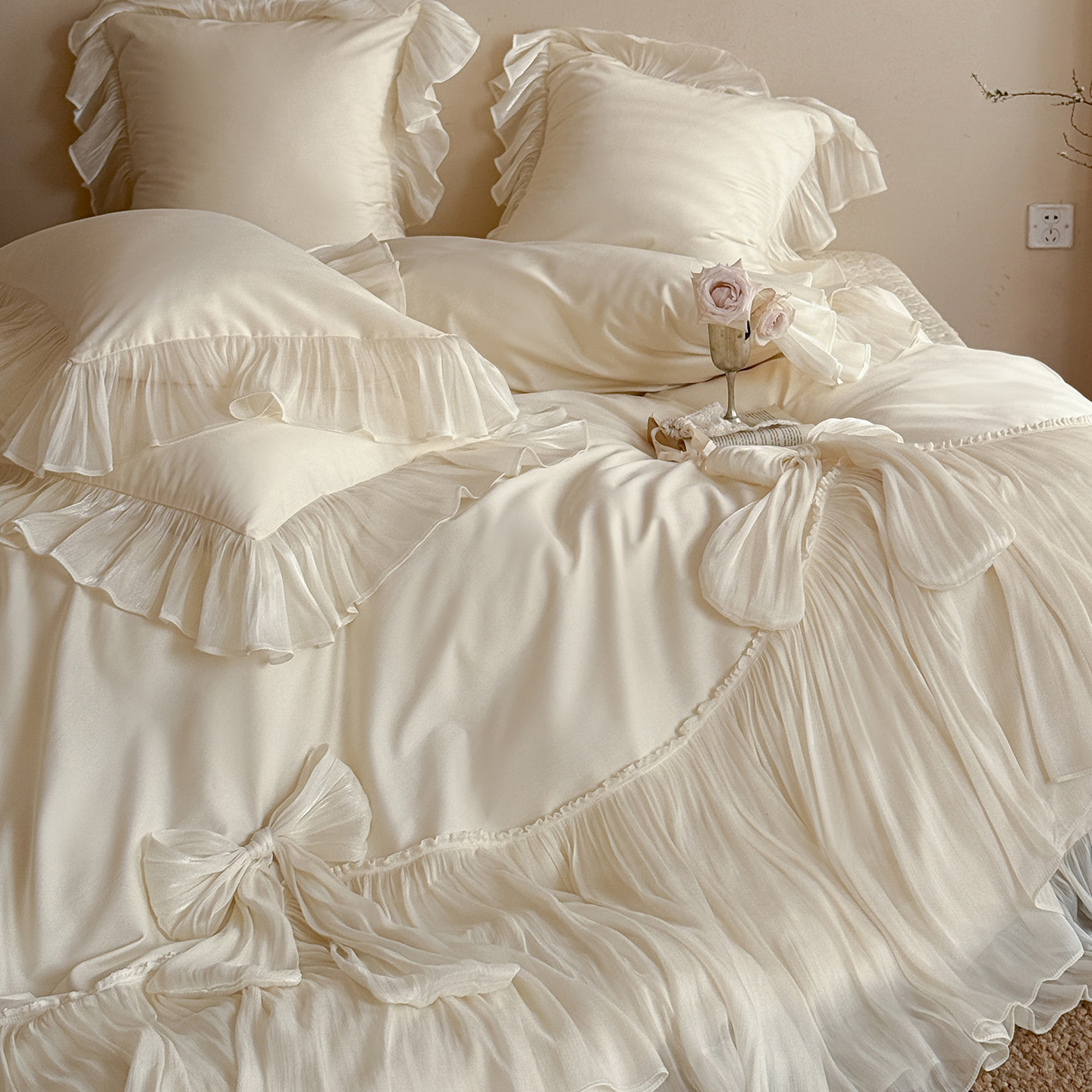 法式浪漫全棉长绒棉四件套纯棉蕾丝琉璃纱边被套床盖仙女四季床品