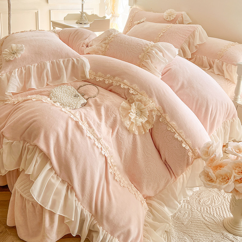 法式冬季床盖雕花牛奶绒四件套加绒公主风蕾丝粉色被套珊瑚绒夹棉,床上用品,床品套件/四件套/多件套,淘宝优惠券,粉丝福利购,淘宝优惠卷