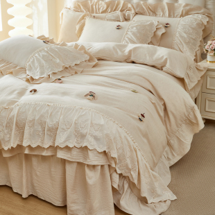 法式 浪漫少女心棉麻混纺四件套纯棉亚麻卡通刺绣花边被套床裙床品