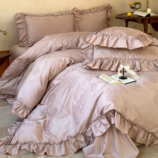 法式 浪漫贡缎全棉长绒棉提花四件套荷叶花边被套高级感公主风床单