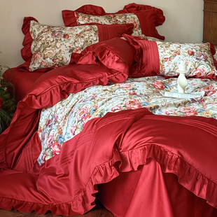 法式红色浪漫全棉四件套纯棉复古印花花边被套高级感结婚婚庆床品