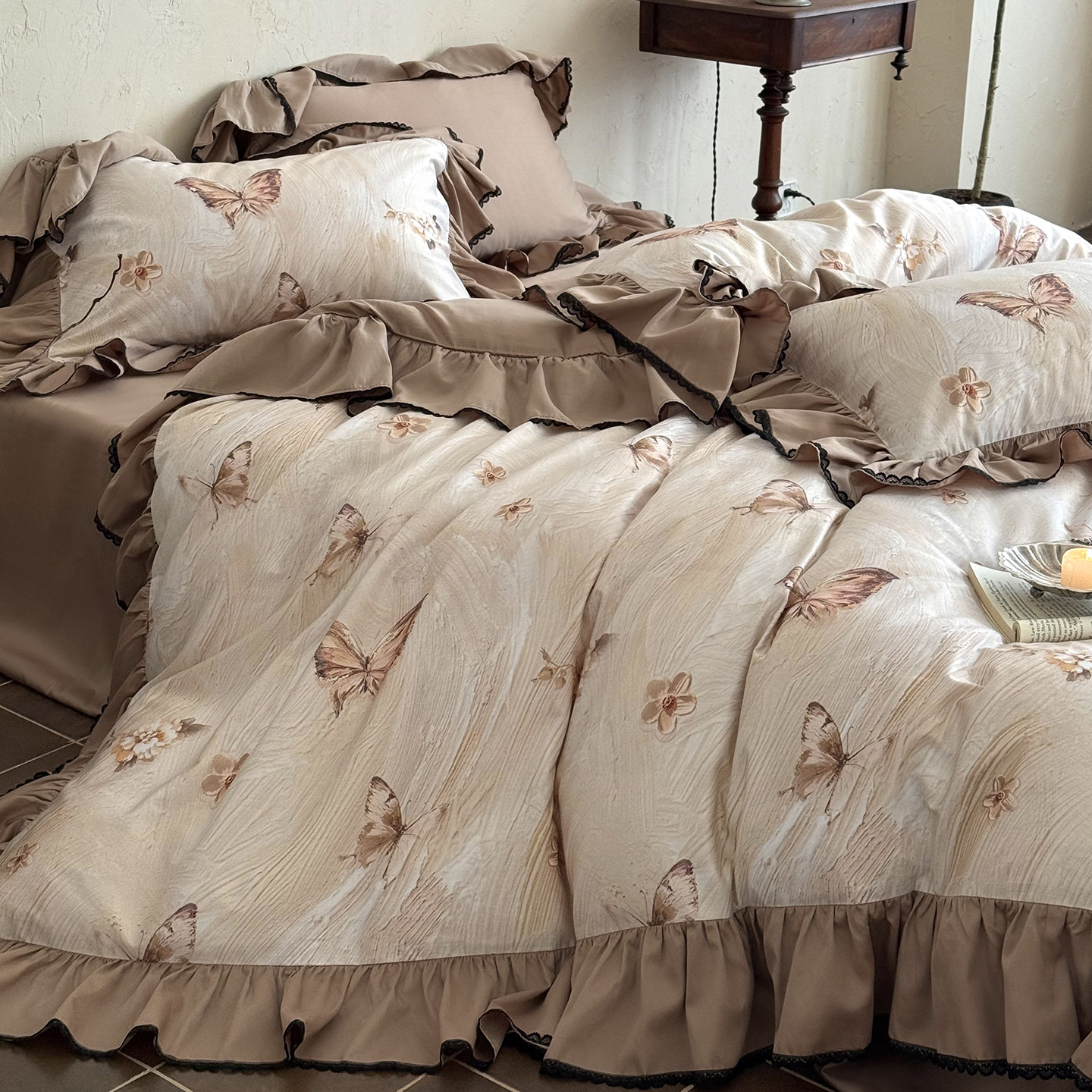 法式复古花卉蝴蝶印花天丝棉磨毛四件套加厚秋冬花边被套床单床品