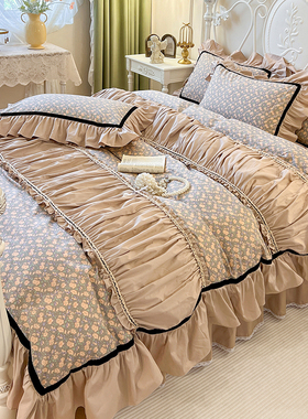 法式复古田园全棉床上四件套公主风100纯棉蕾丝边被套奶茶色床裙4