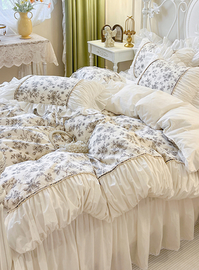 法式田园花卉全棉床上四件套公主风100纯棉褶皱蕾丝被套仙女床裙4
